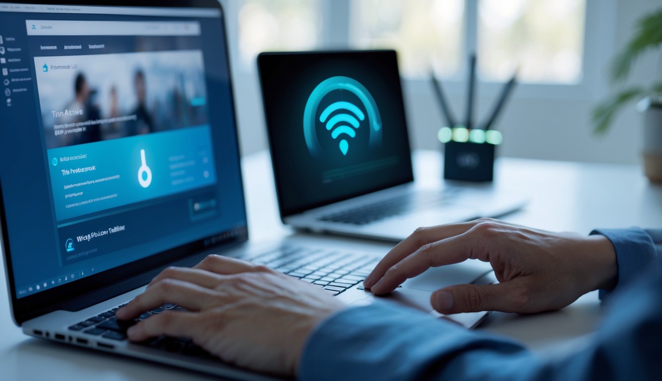 Hands typing on a laptop in a home office with a wireless router nearby, symbolising internet access and privacy.