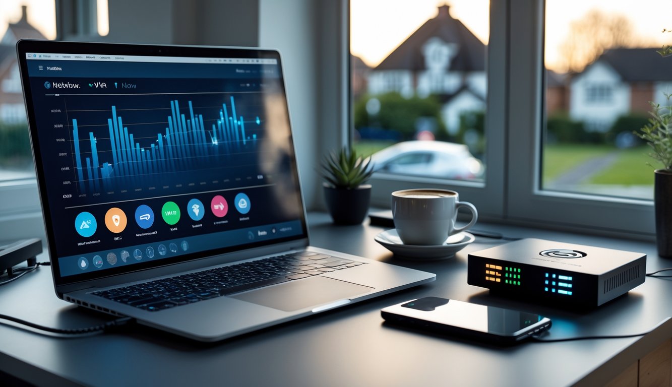 A modern home office with a laptop showing network activity and VPN icons, a wireless router, and a smartphone on a desk near a window overlooking a UK suburban neighbourhood.