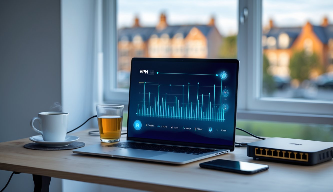 A laptop on a desk showing a network connection graph, with a cup of tea and tech accessories nearby in a bright room overlooking a UK cityscape.