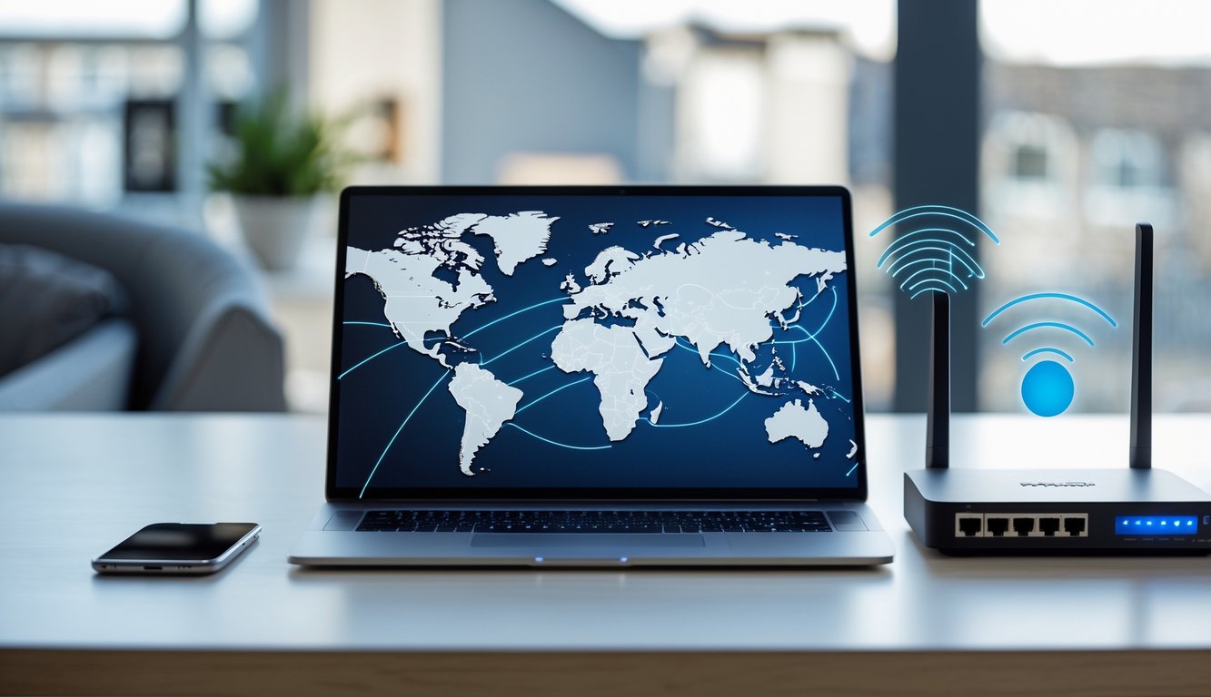 A modern home office with a laptop showing a world map highlighting the UK, a smartphone, and a router emitting signal waves on a desk.
