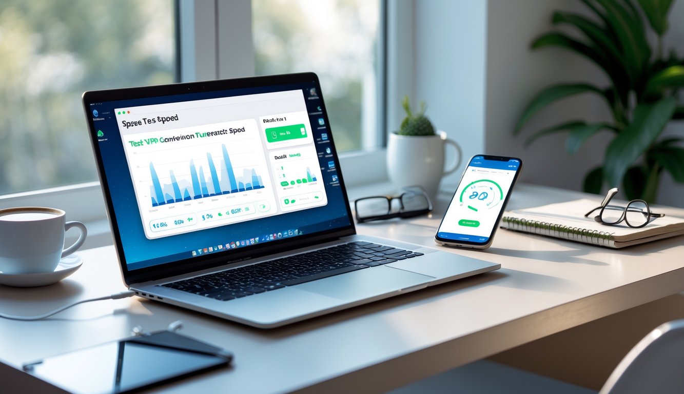 A laptop and smartphone on a desk showing VPN connection speed test with a bright home office background.