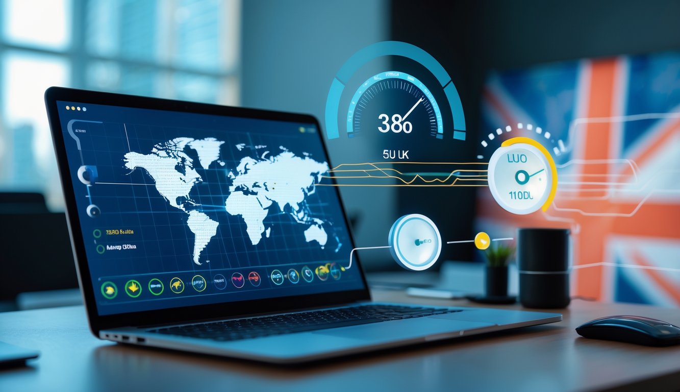 A laptop on a desk showing a digital world map highlighting the UK, surrounded by icons representing internet speed and network connections.