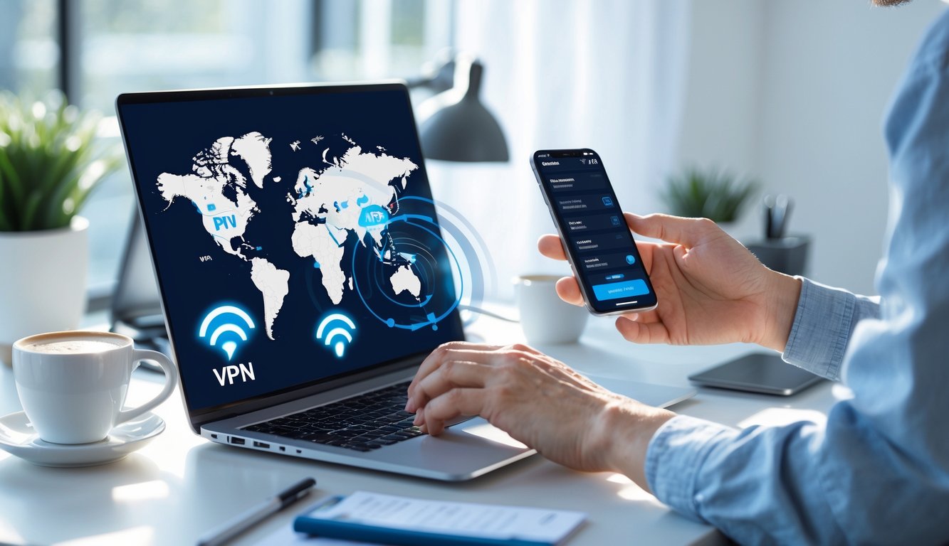 A person using a laptop and smartphone in a bright home office, with a map of the UK in the background showing VPN server locations.