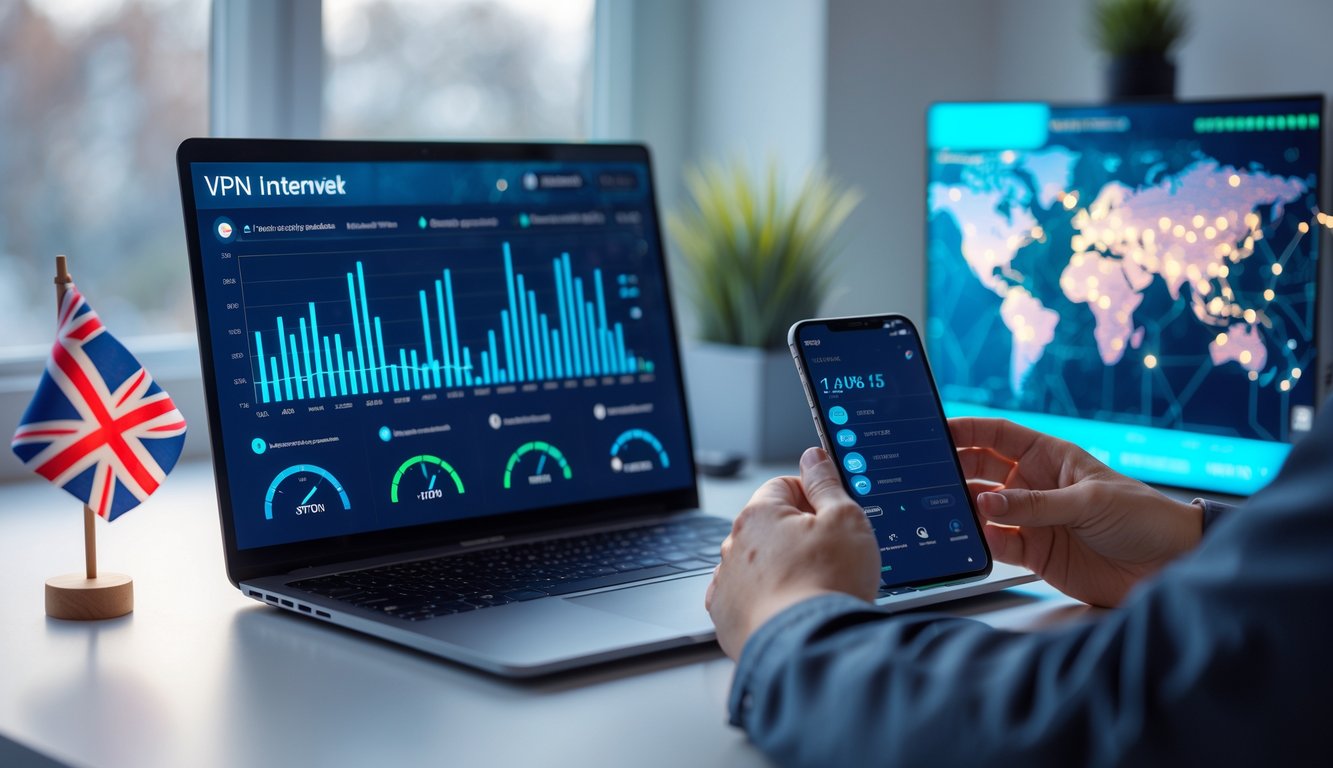A person adjusting VPN settings on a smartphone next to a laptop showing network performance graphs in a modern home office with UK-themed elements.
