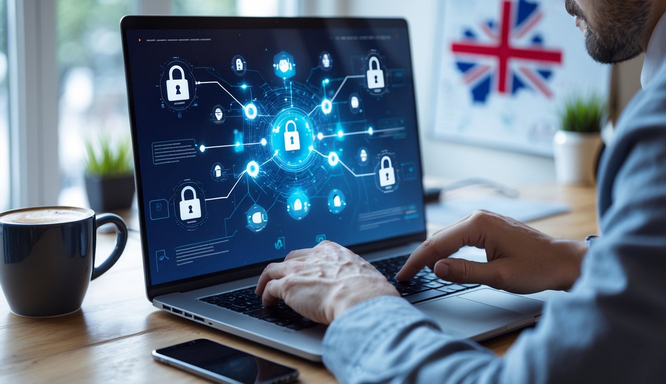 Person working on a laptop adjusting VPN and encryption settings in a home office with UK-themed decor.