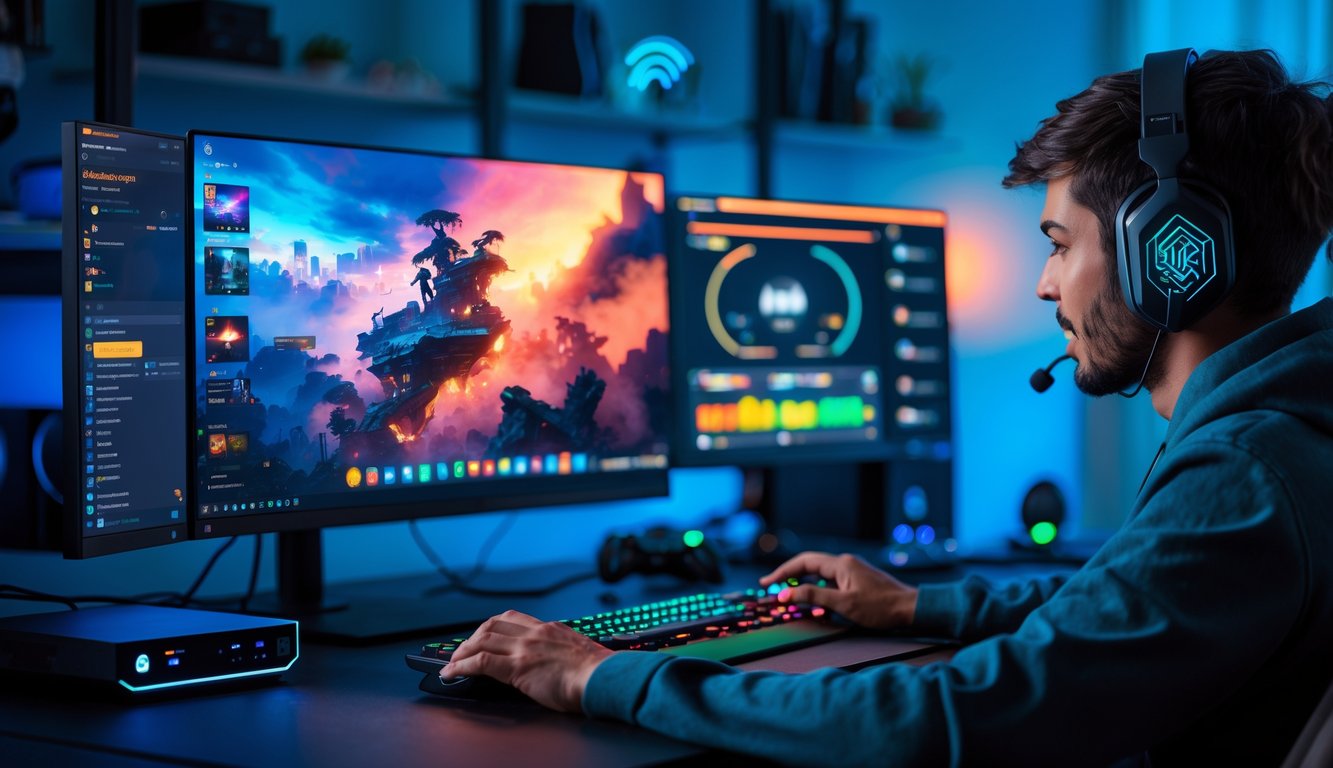 A person using a multi-monitor gaming and streaming computer setup with headphones in a modern home office.