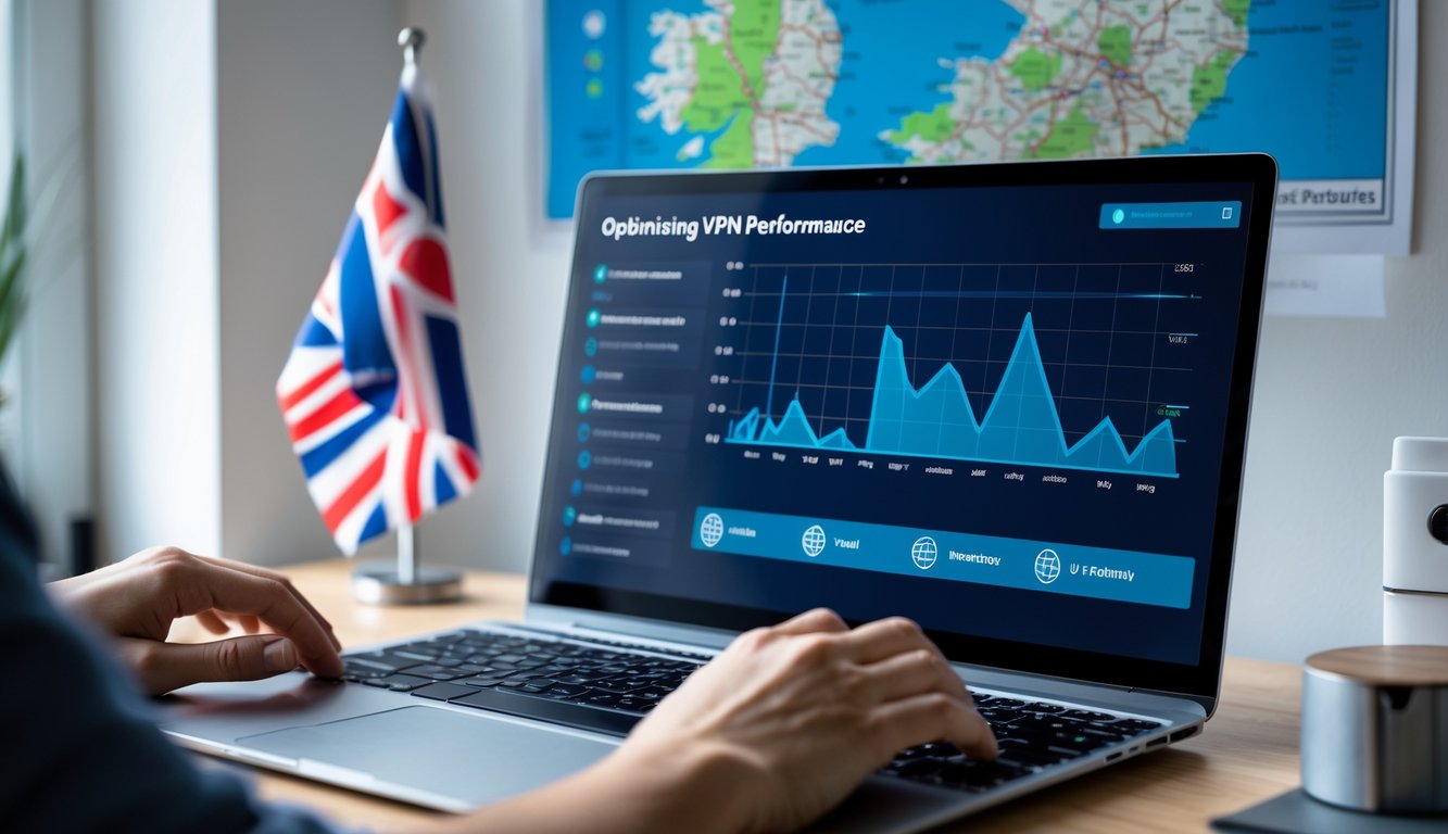 Person working on a laptop with network performance graphs and a UK map in the background.