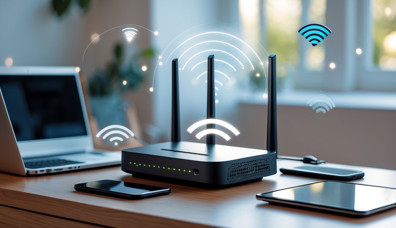 A home network setup with a wireless router on a desk surrounded by a laptop, smartphone, and tablet in a softly lit room.