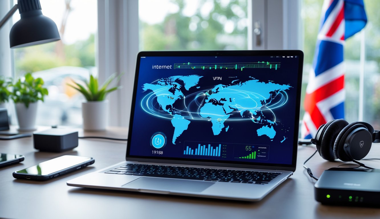 A modern home office with a laptop showing network data, tech accessories, and a British flag in the background.