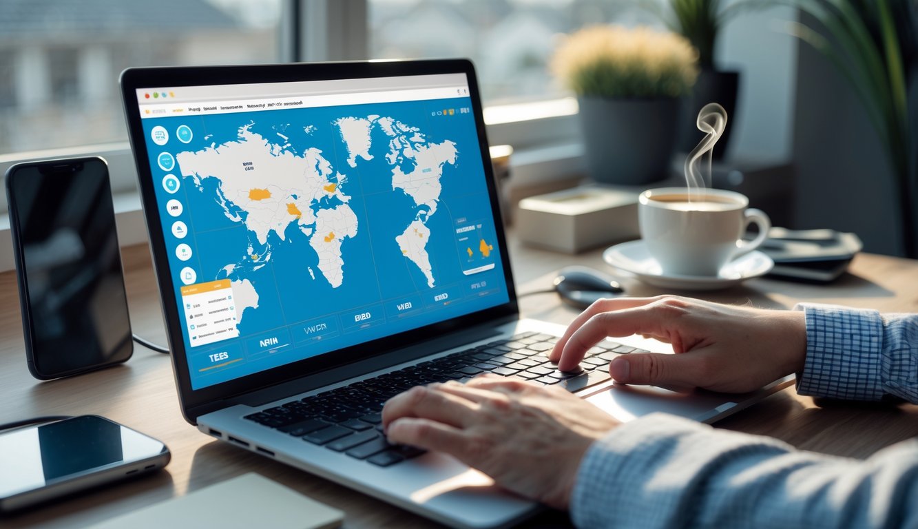 Hands typing on a laptop in a home office with a VPN interface showing a UK map and speed indicators, a cup of coffee nearby, and daylight coming through a window.
