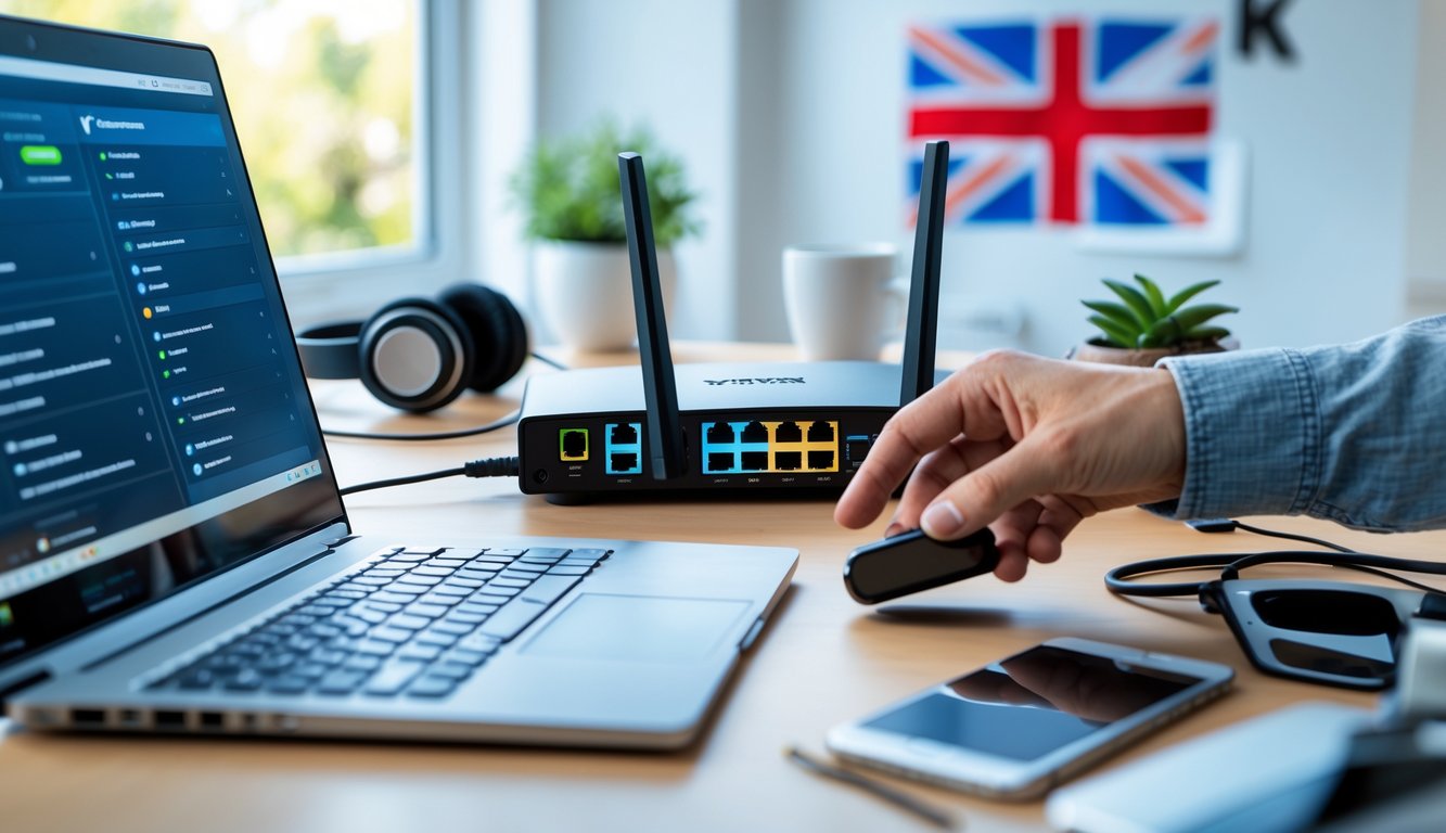 A person adjusting a Wi-Fi router in a bright home office with a laptop and tech accessories on the desk.