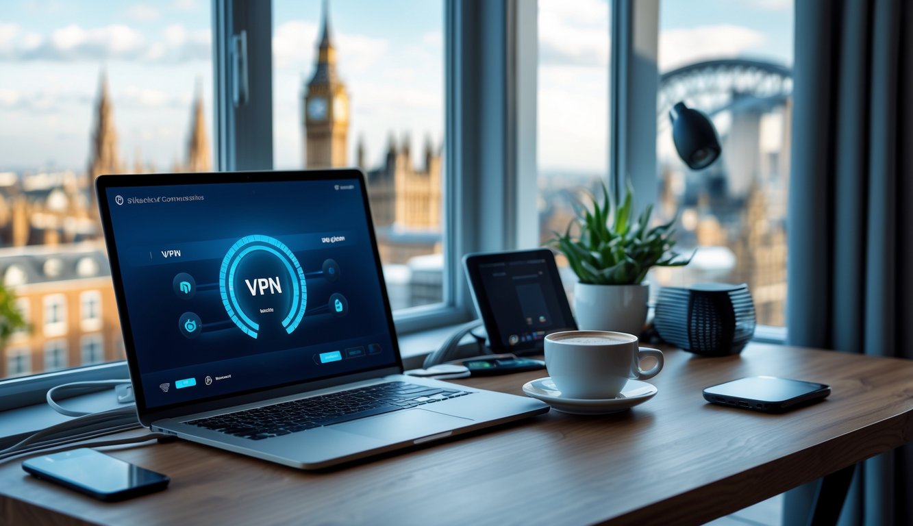 A laptop on a wooden desk in a home office with a UK cityscape visible through the window.