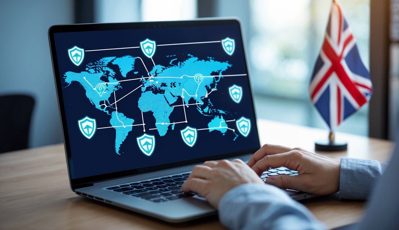 Hands typing on a laptop showing a digital map of the UK with security icons, placed on a desk with a small British flag.