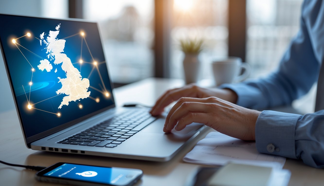 A person using a laptop showing a digital map of the United Kingdom with network lines, symbolising secure internet connections and VPN use.