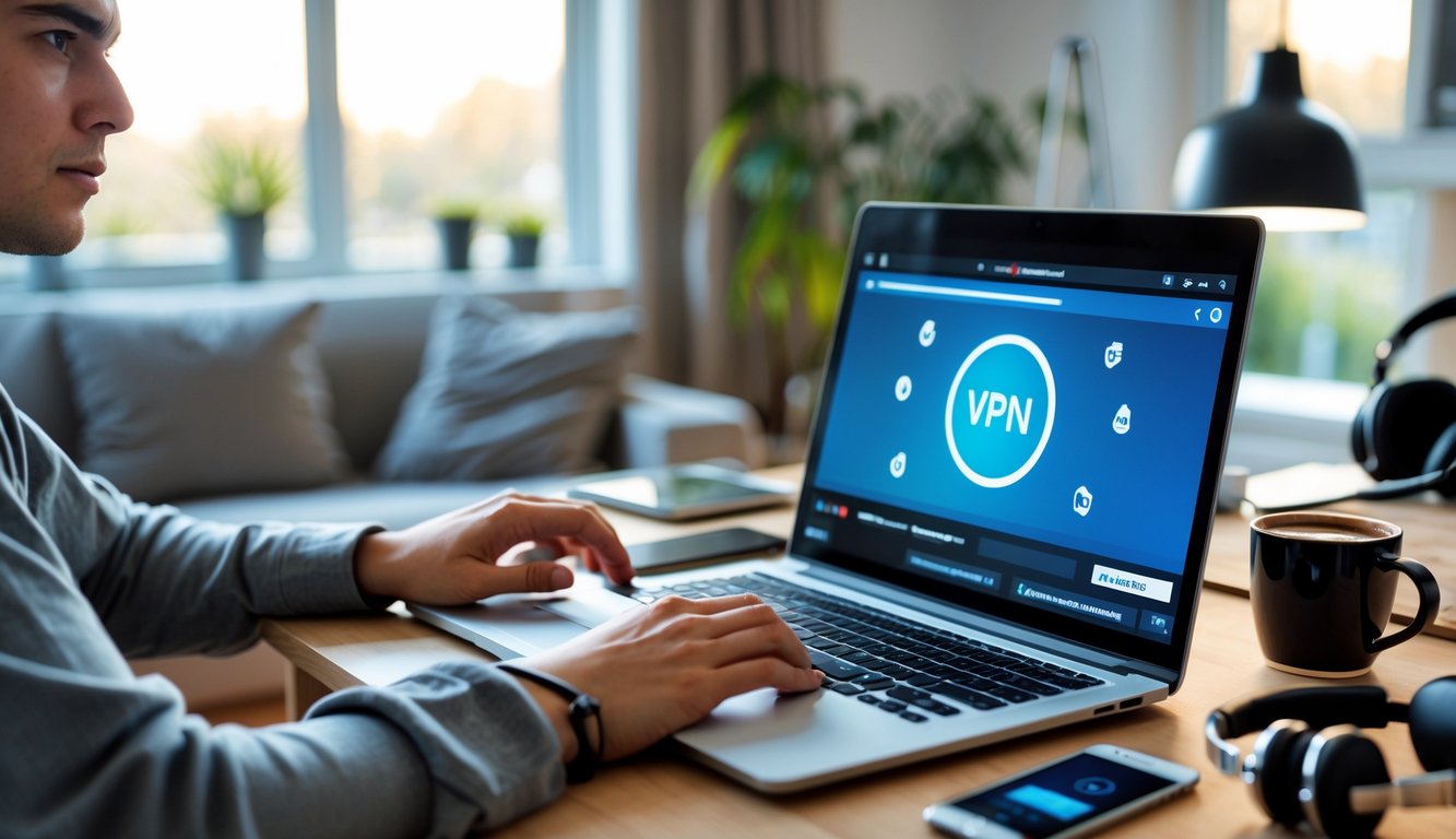 A person using a laptop at a desk with a streaming video buffering and a VPN symbol visible on the screen in a home setting.