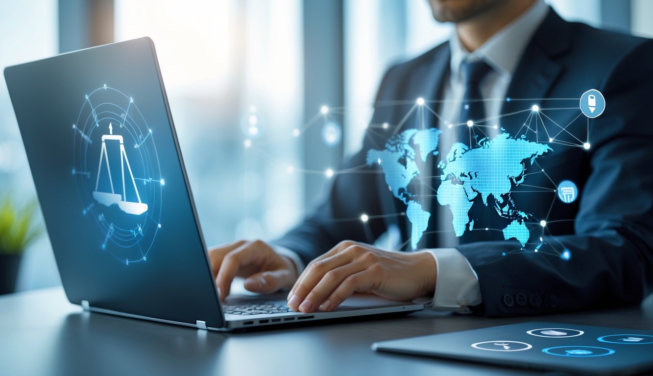 A business professional using a laptop with a digital map of the UK and network lines in the background symbolising internet security and privacy.