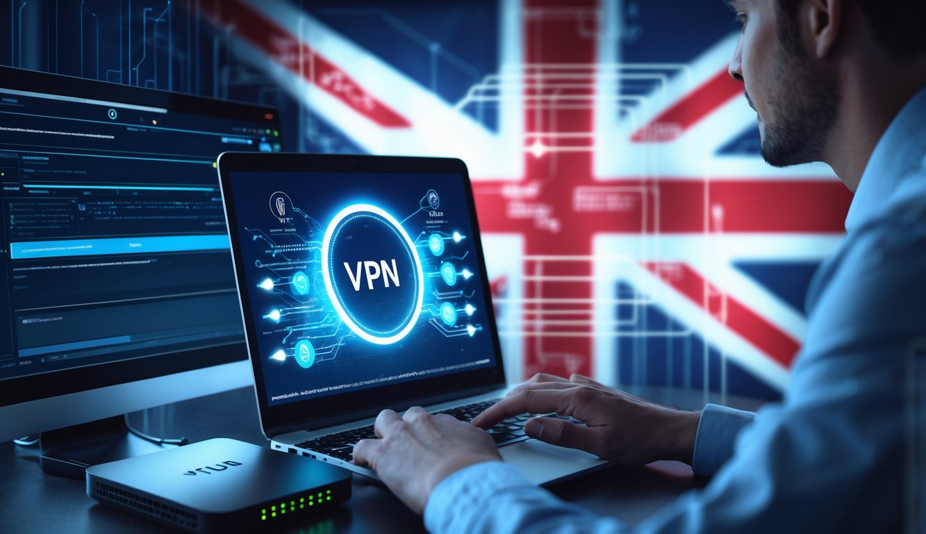 A person working on a laptop with a VPN interface, a router nearby, and a digital UK flag pattern in the background, representing internet privacy and security.