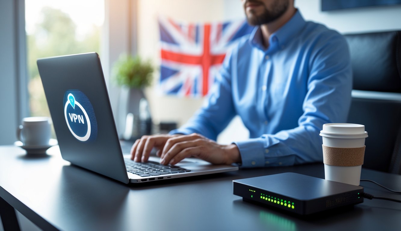 Person using a laptop in a home office with a British flag in the background, illustrating internet privacy and VPN use.