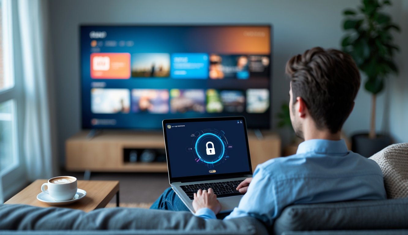 Person sitting on a sofa using a laptop in a living room with a TV showing a streaming service interface in the background.