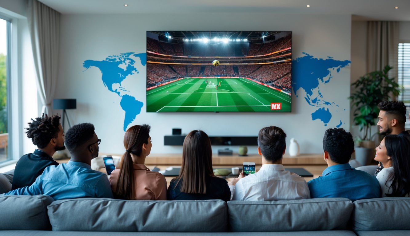 People watching a live sports broadcast on a large TV in a modern living room with daylight and a world map in the background.