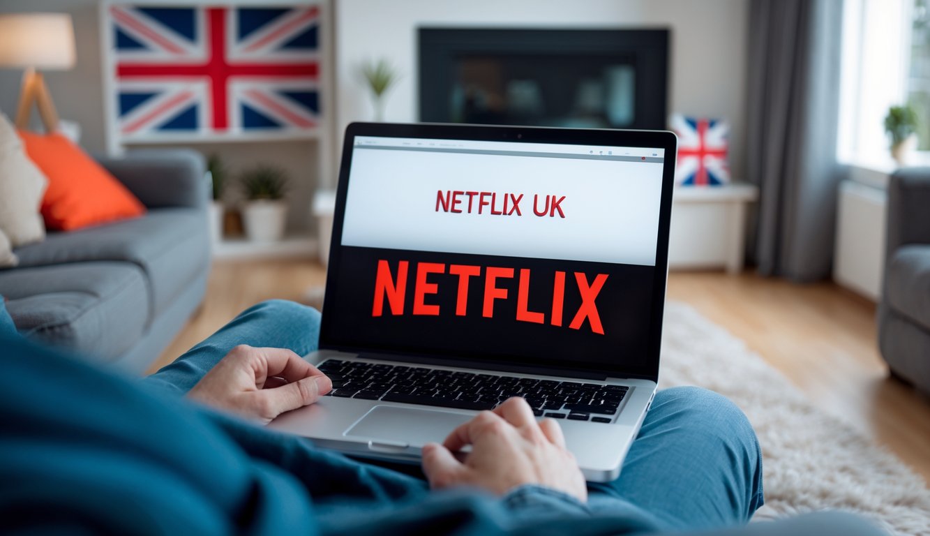 Person using a laptop in a living room with UK-themed decor, streaming content on the screen.