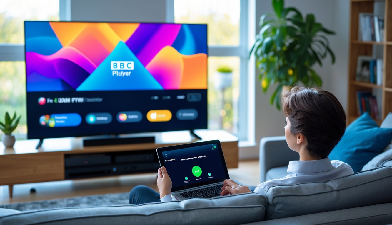 Person sitting on a sofa using a remote and a laptop in a bright living room with a TV showing a streaming interface.
