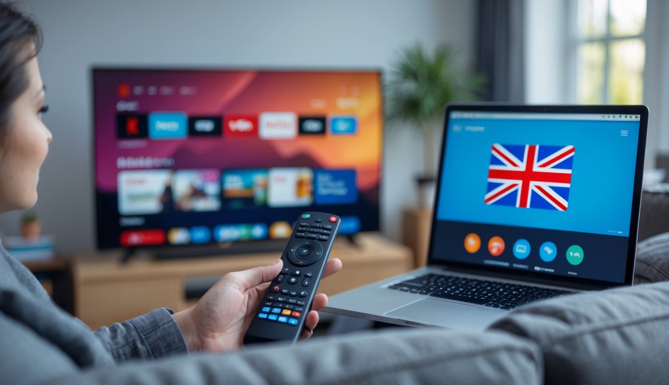 Person sitting on a sofa in a living room using a remote control and a laptop with a VPN app, with a large TV screen in the background showing a streaming interface.