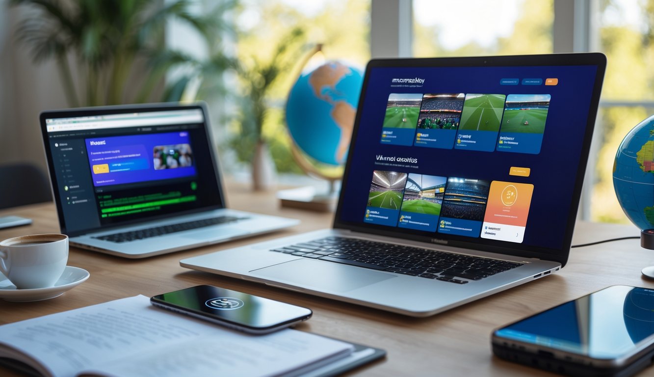 A person using a laptop and smartphone at a desk with a world map in the background, setting up access to watch sports from abroad.
