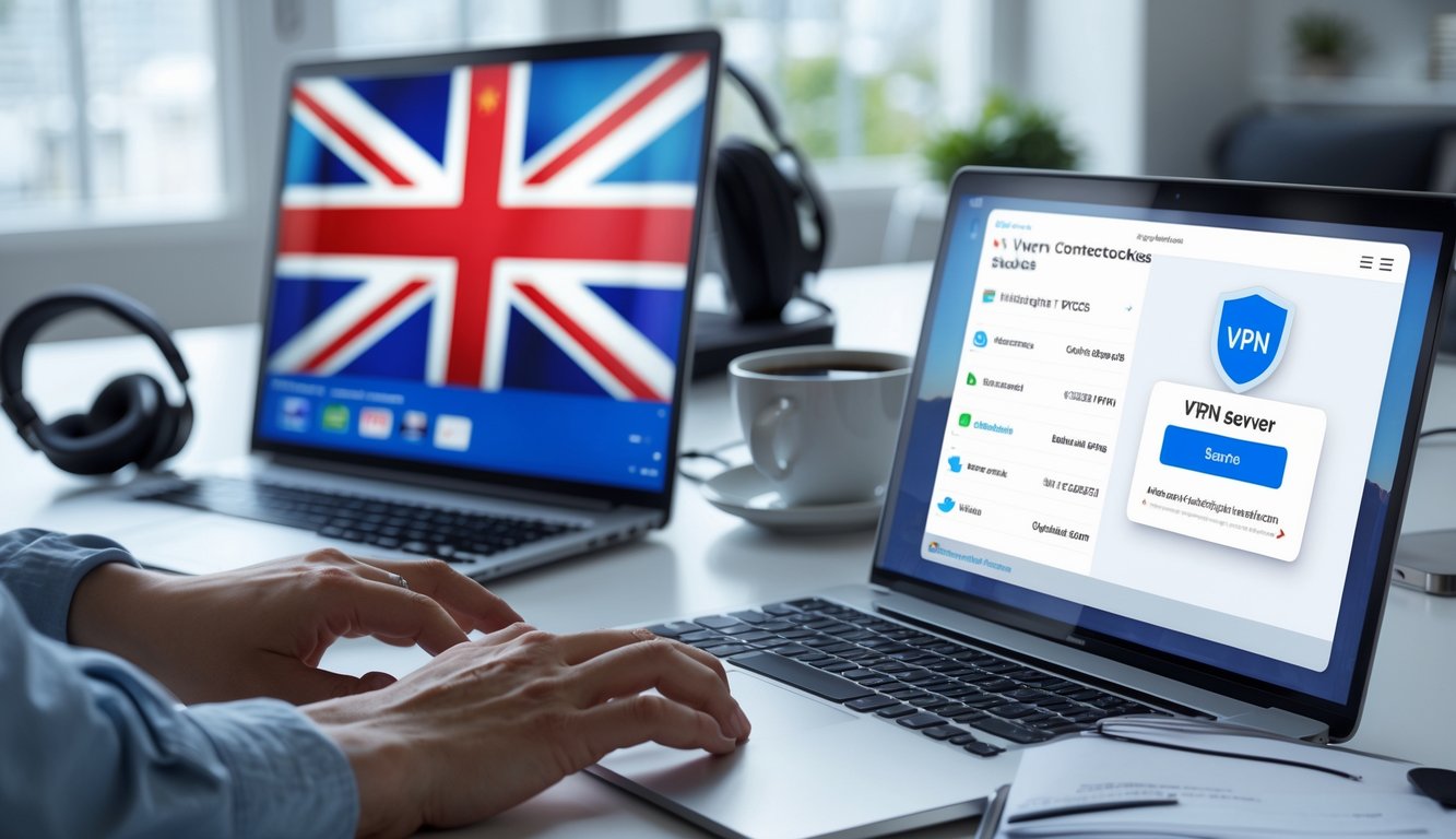 A person using a laptop and smartphone at a desk, accessing streaming content with a British flag visible on a screen in the background.