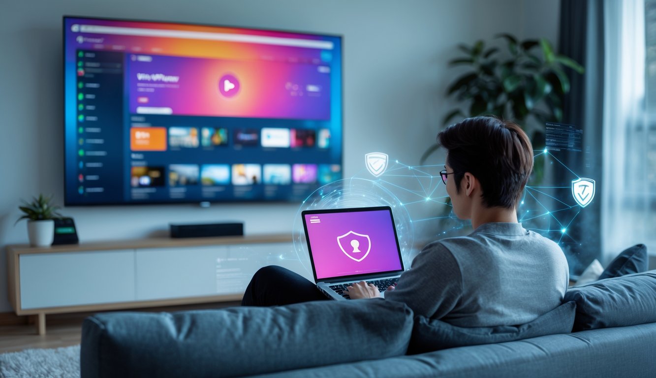 A person sitting on a sofa using a laptop with a VPN connection, watching a streaming service on a large TV in a modern living room.