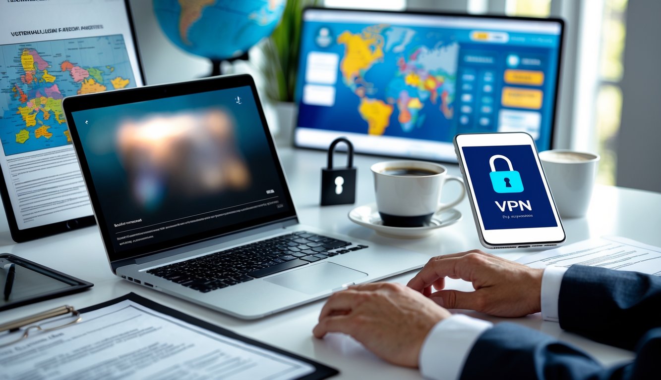 A person working at a desk with a laptop, smartphone showing a VPN app, legal documents, and a padlock symbol, suggesting security and international internet access.