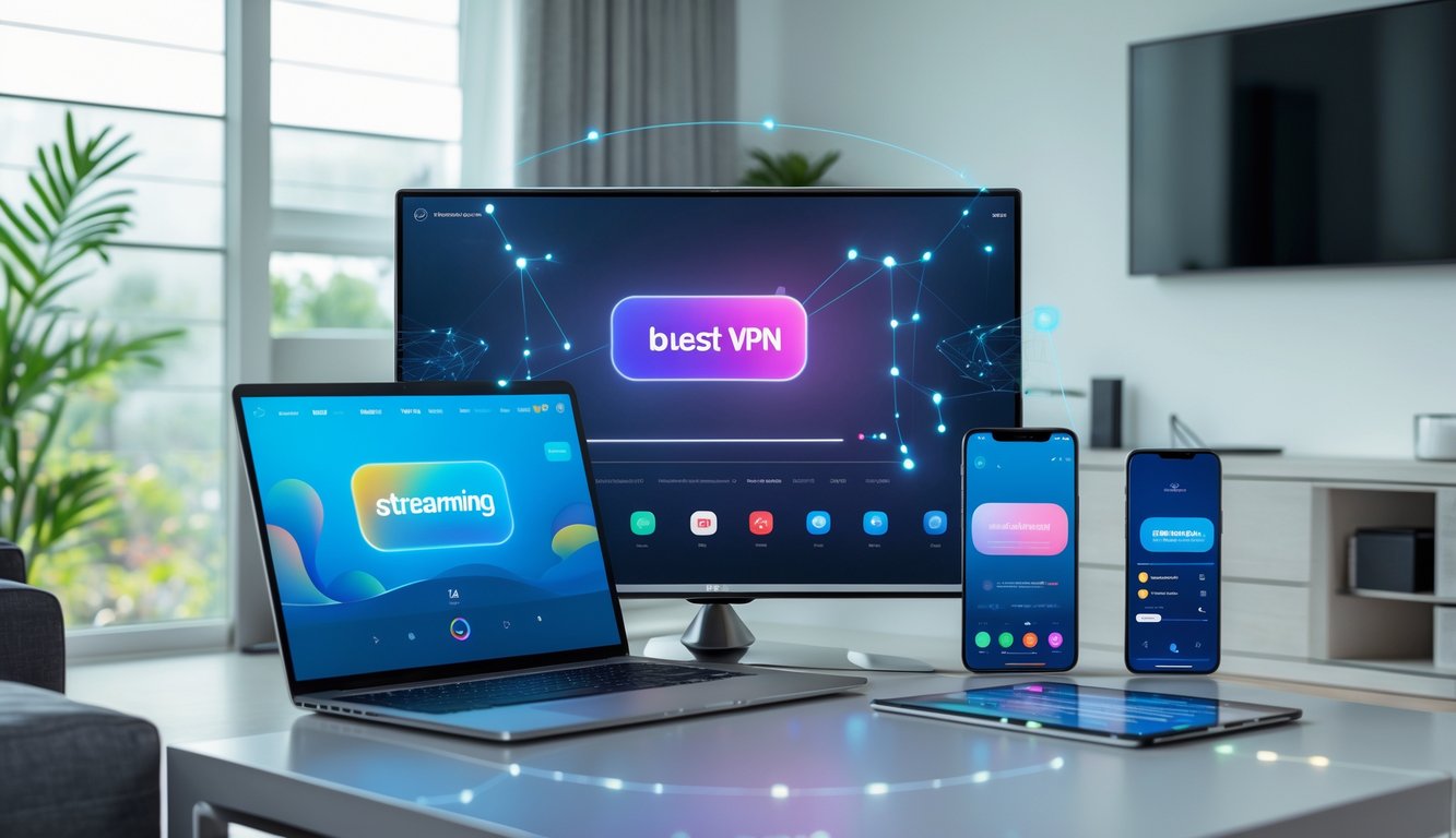 A living room with a smart TV, laptop, tablet, and smartphone all displaying streaming visuals, connected by subtle digital network effects.