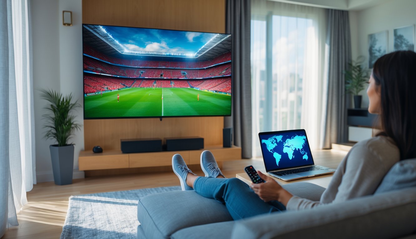 A person sitting on a sofa watching a live football match on a large TV in a bright living room with a laptop showing a world map on a side table.