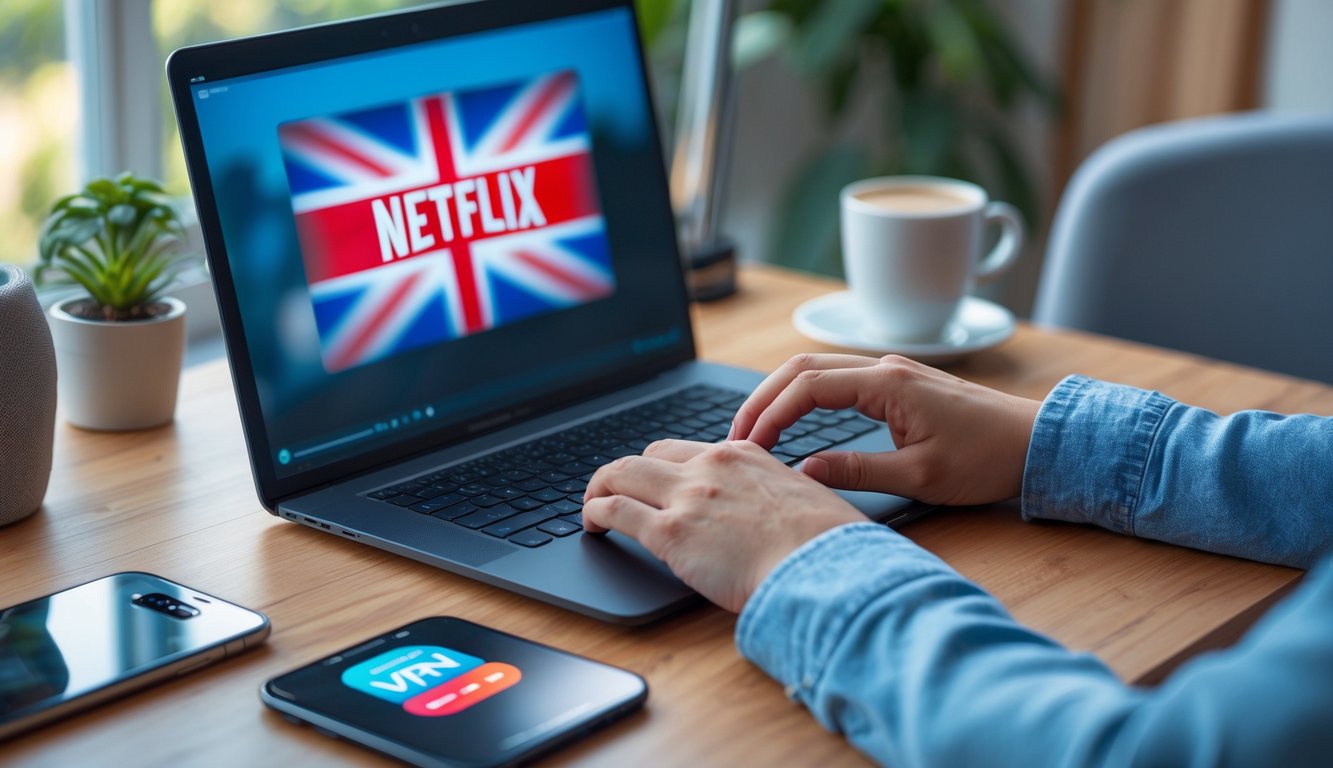 A person using a laptop at a desk with a blurred streaming service screen and UK flag visible, alongside a smartphone and coffee cup.