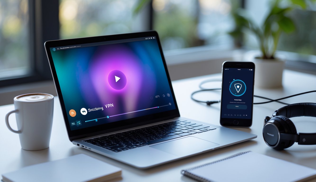 A laptop and smartphone on a desk showing streaming and VPN app interfaces, with headphones and a coffee cup nearby.