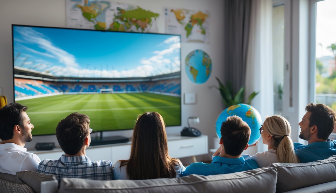 A group of people watching a sports event on a large TV in a modern living room with travel items nearby.