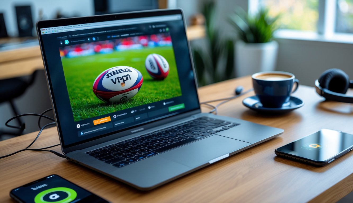 A laptop showing a rugby match and a smartphone displaying a VPN app on a desk with a router and headphones nearby.