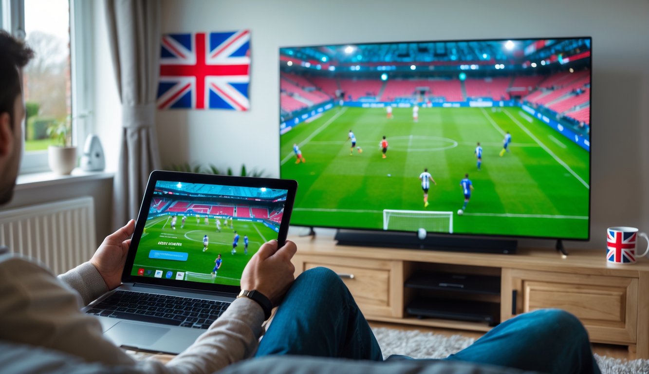Person watching a football match on TV with a laptop showing a VPN interface in a bright living room with British decor.