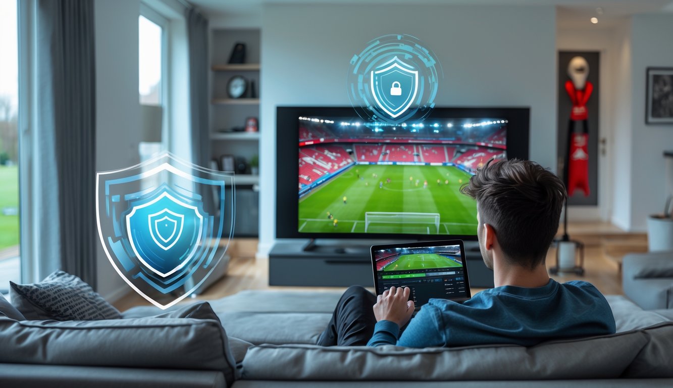 A person watching football on a TV in a living room with a laptop nearby, suggesting secure internet use.