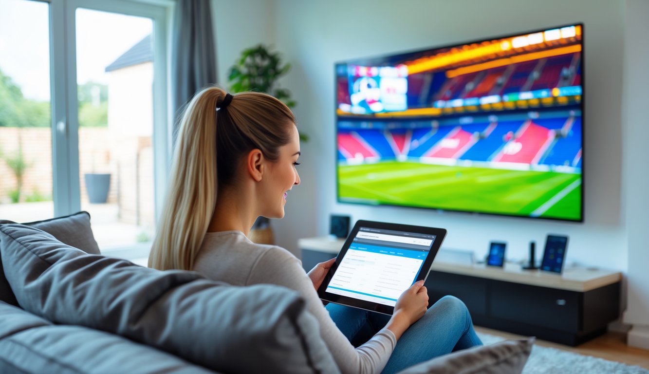 Person sitting on a sofa in a living room watching a live sports match on a large TV while using a laptop.
