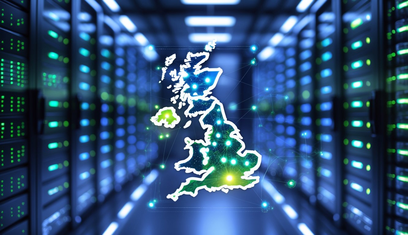 A server room with illuminated racks and a digital map of the United Kingdom showing multiple connection points for VPN servers.