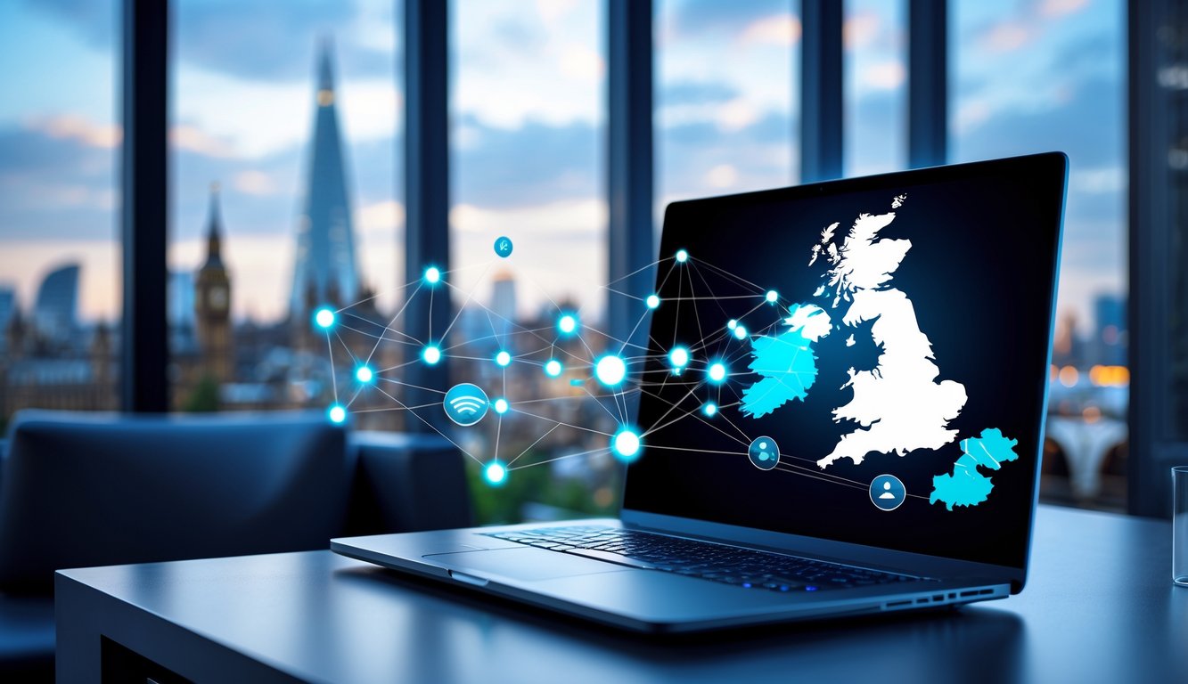 A laptop on a desk showing a digital map of the United Kingdom with glowing connection points, set against a blurred London cityscape background.