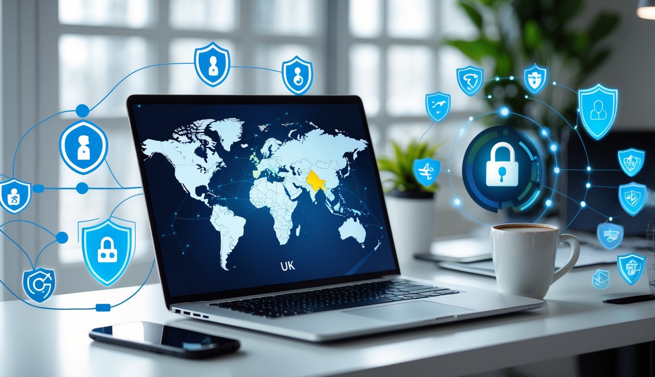 A modern workspace with a laptop showing a world map highlighting the UK, surrounded by digital security icons on a bright desk.