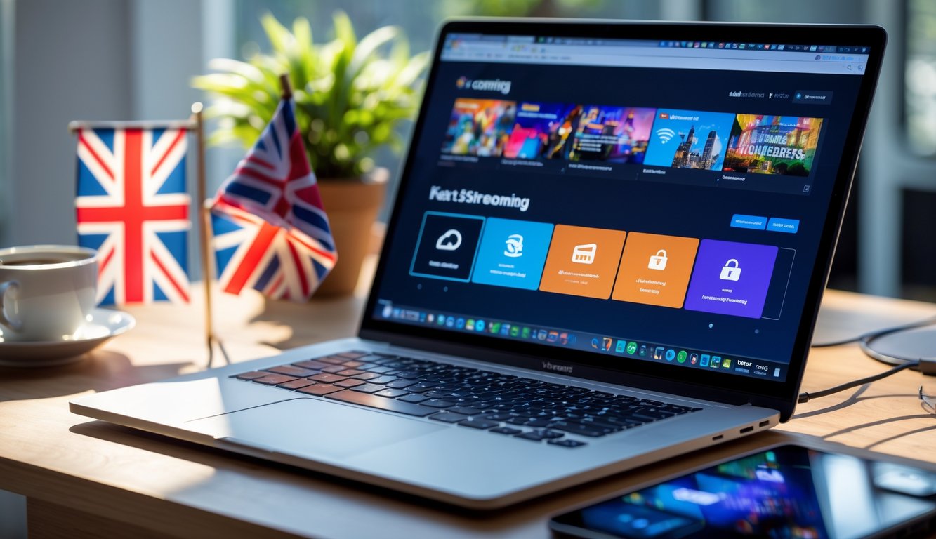 A modern home office with a laptop showing a streaming service and a VPN app connected to the UK, with a small Union Jack flag and a cup of tea on the desk.