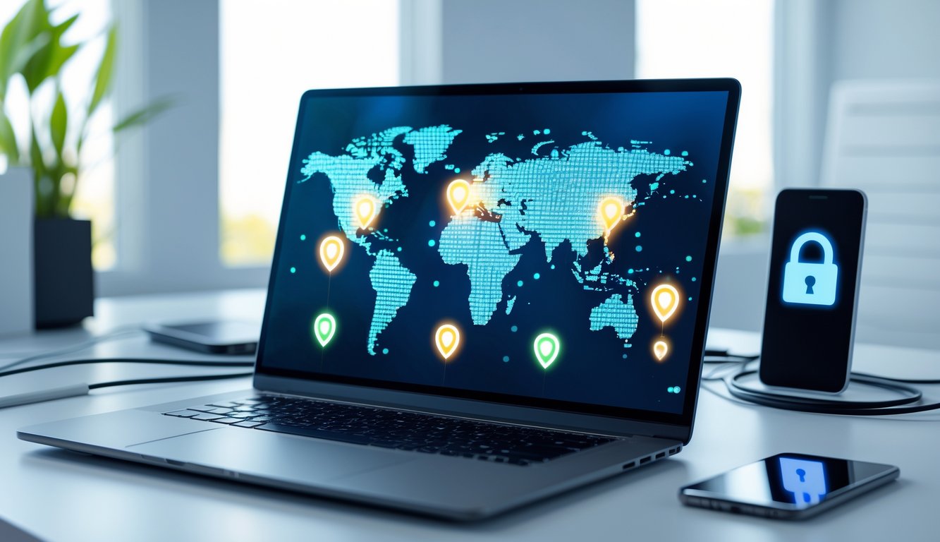 A laptop on a desk showing a digital map of the United Kingdom with glowing connection points, surrounded by technology items like a smartphone and a lock icon, in a bright office setting.