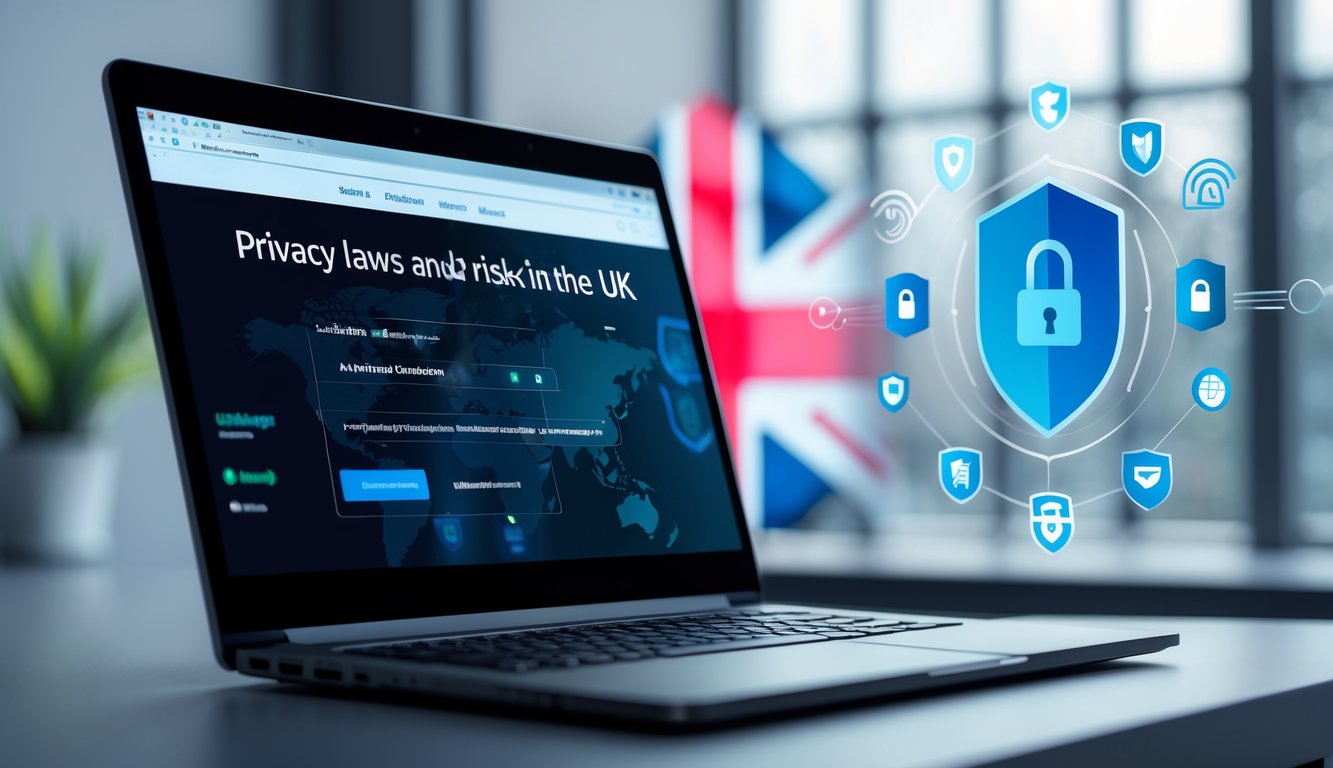 A laptop on a desk showing a secure VPN connection, with digital security icons and a UK flag in the background.