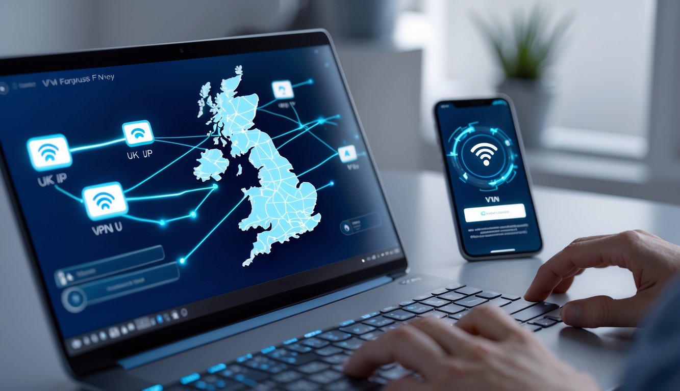 A person using a laptop and smartphone showing secure internet connections with a digital map of the UK in the background.