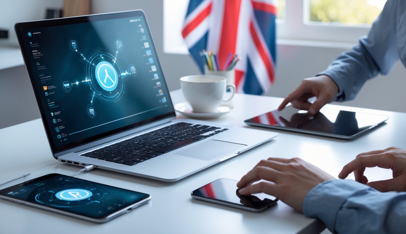 A workspace with a laptop, smartphone, and tablet showing network connection icons, a UK flag in the background, and hands interacting with the devices.