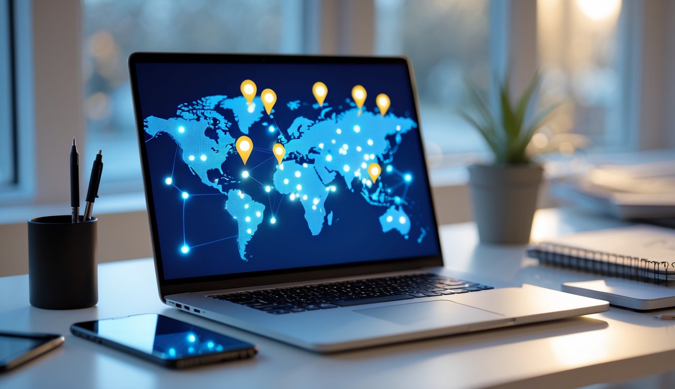 A laptop on a desk showing a digital map of the United Kingdom with glowing connection points, surrounded by a smartphone, tablet, and notepad.