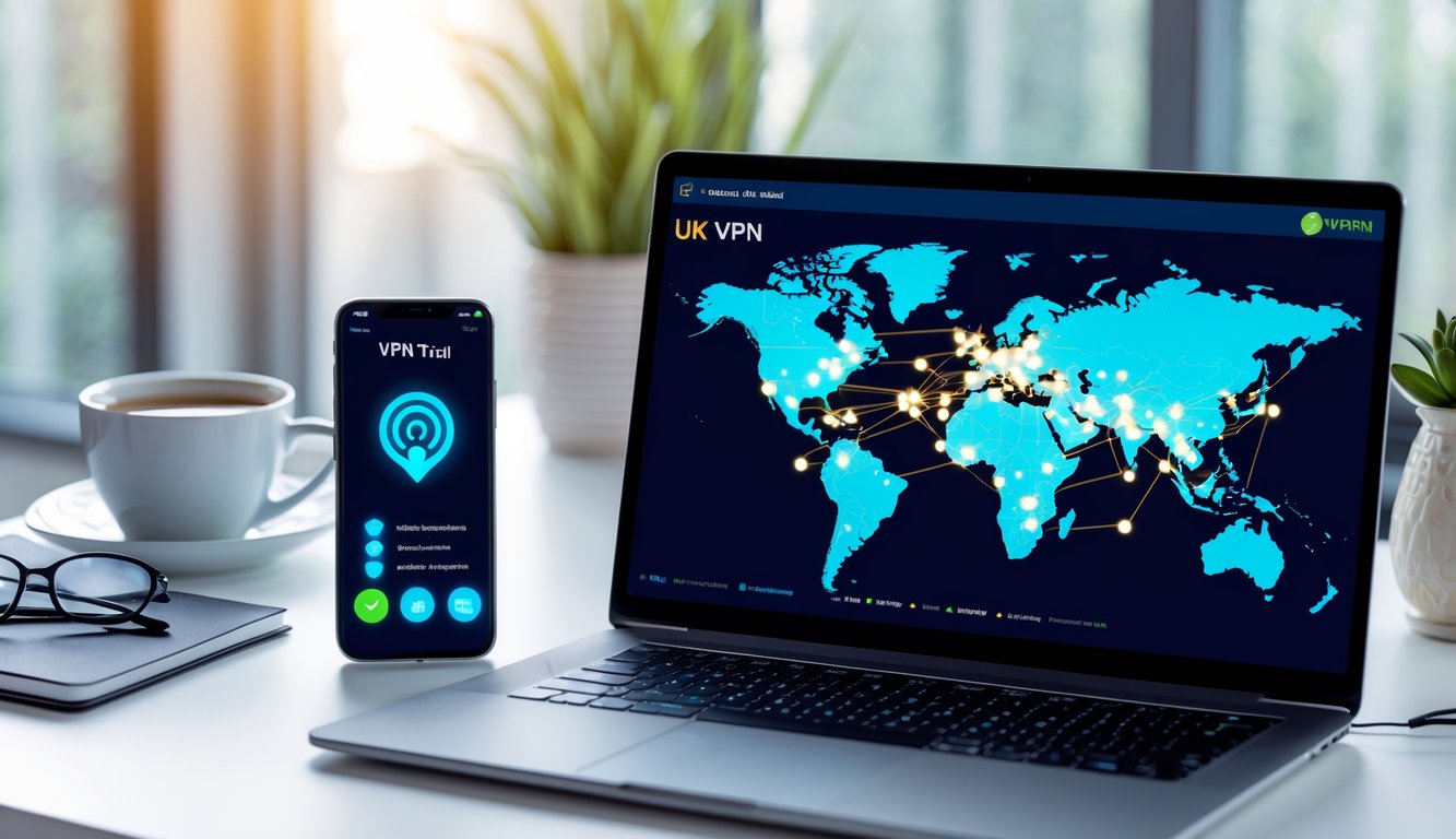 A workspace with a laptop showing a world map highlighting the UK and a smartphone displaying a VPN app, surrounded by office items like a coffee cup and notebook.